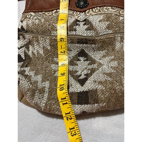 Myra Brown & Beige Boho Crossbody Bag Geometric Pattern Adjustable Strap Leather - Picture 6 of 14